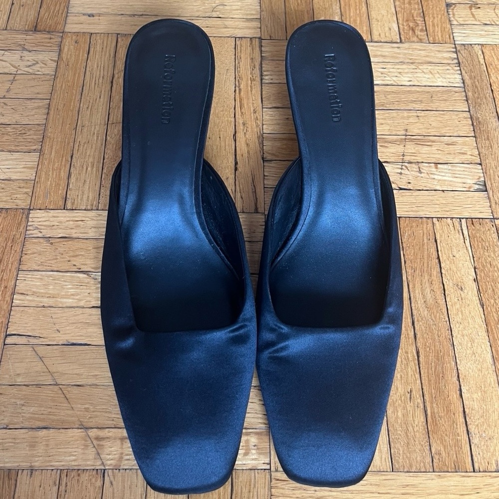 Reformation Black Satin Mules